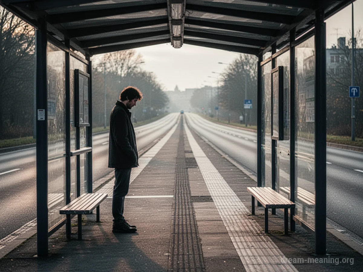 A lone person at a bus stop on an empty road.
