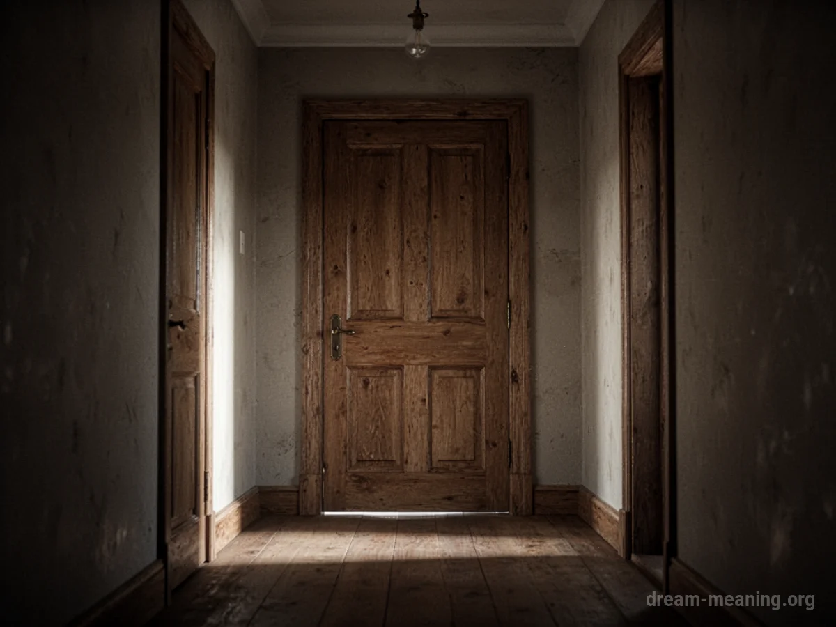 A closed wooden door at the end of a hallway.