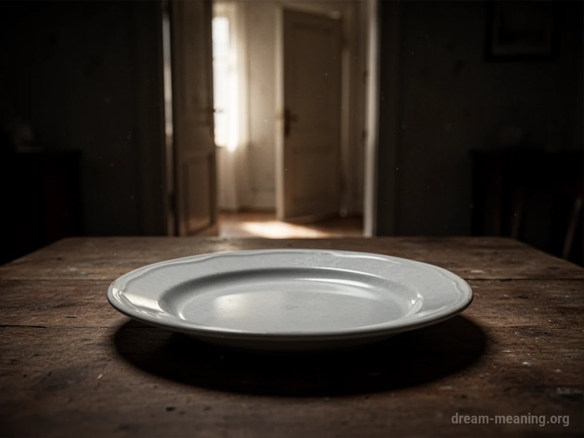 An empty plate on a table in a dark room.