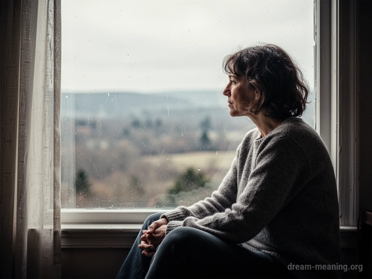 Person looking out a window towards a distant landscape.