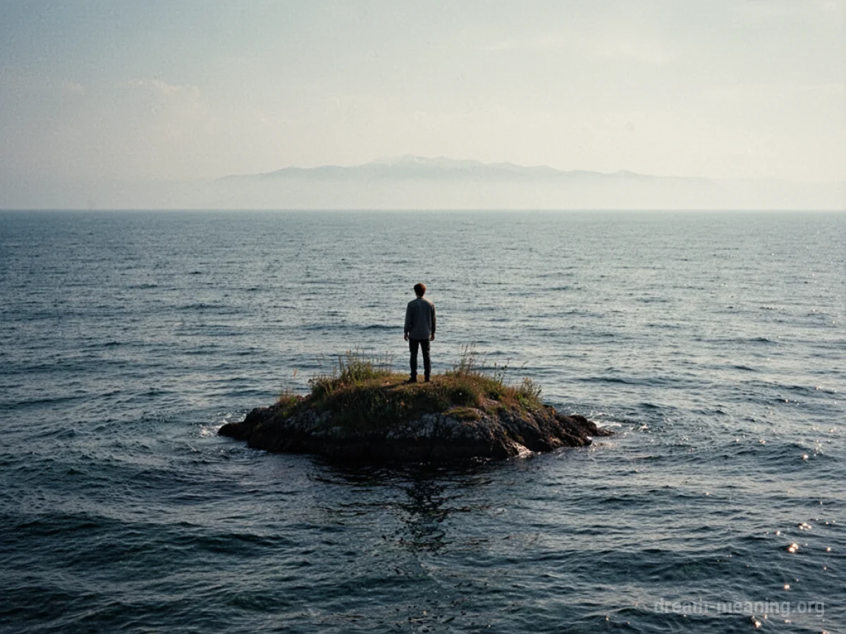 A lone person stands on a small island in a wide ocean.