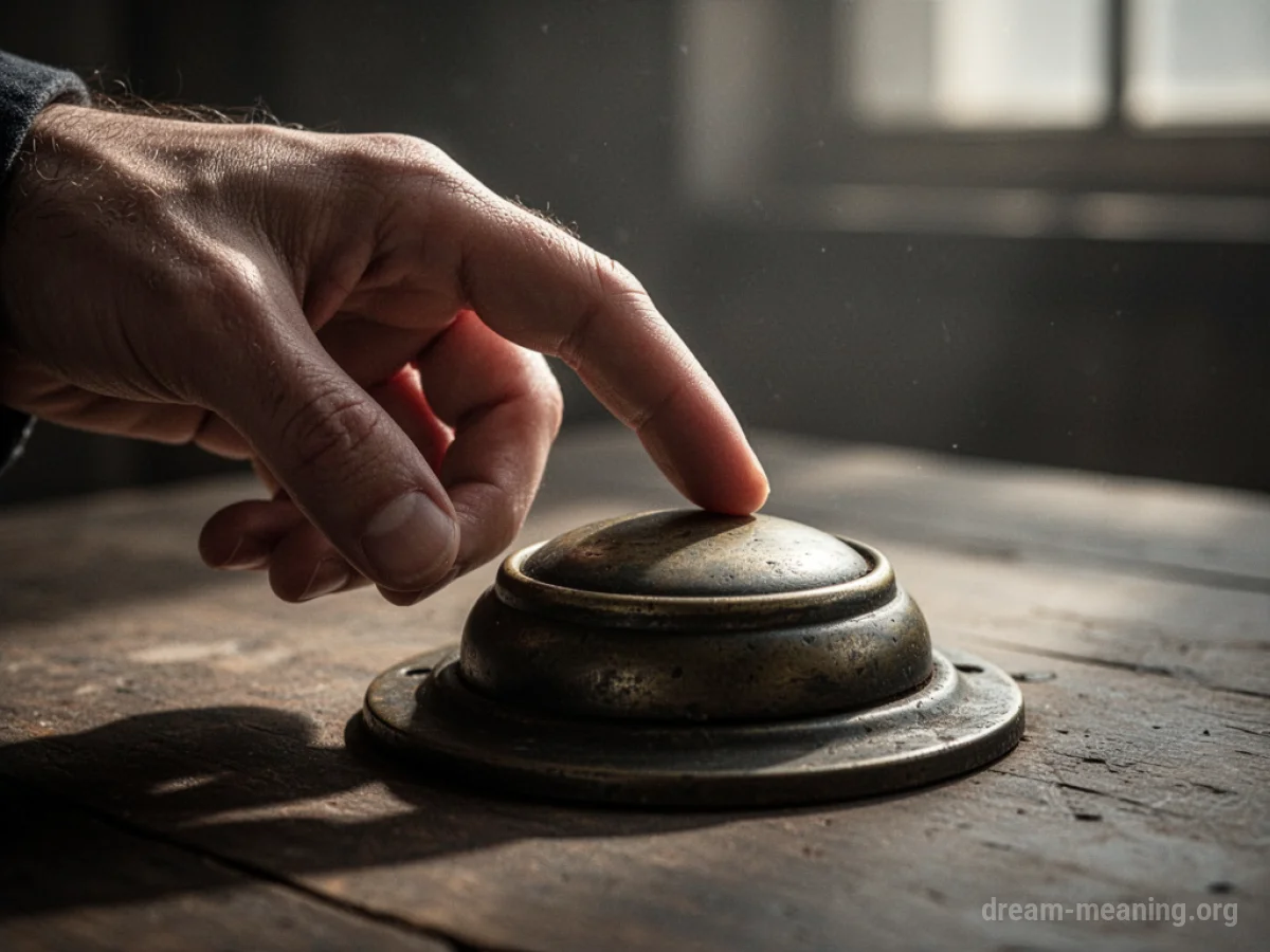 A hand hovering above a button, with a single beam of light illuminating it.
