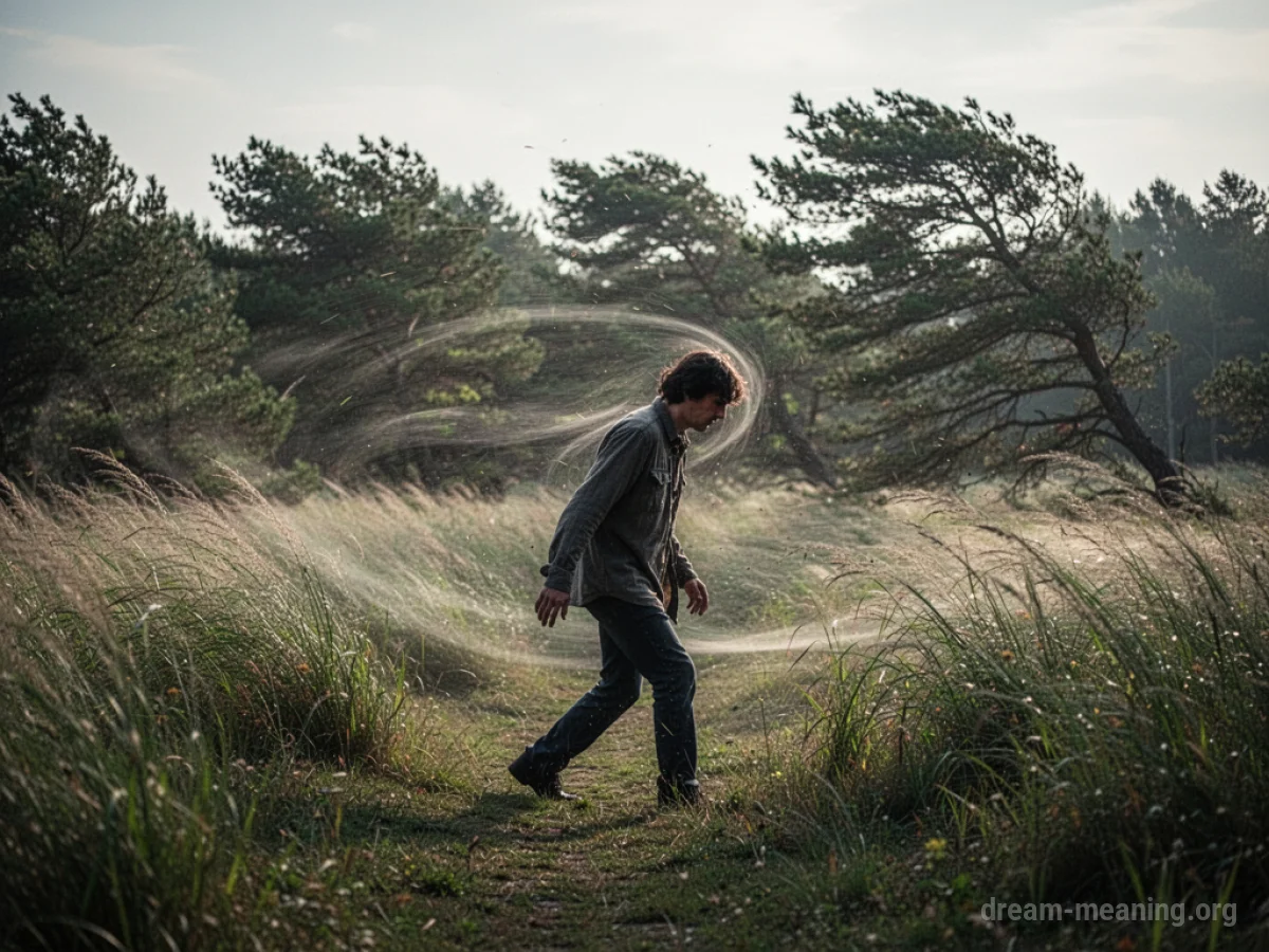 A person struggling to walk forward against a strong gust of wind.