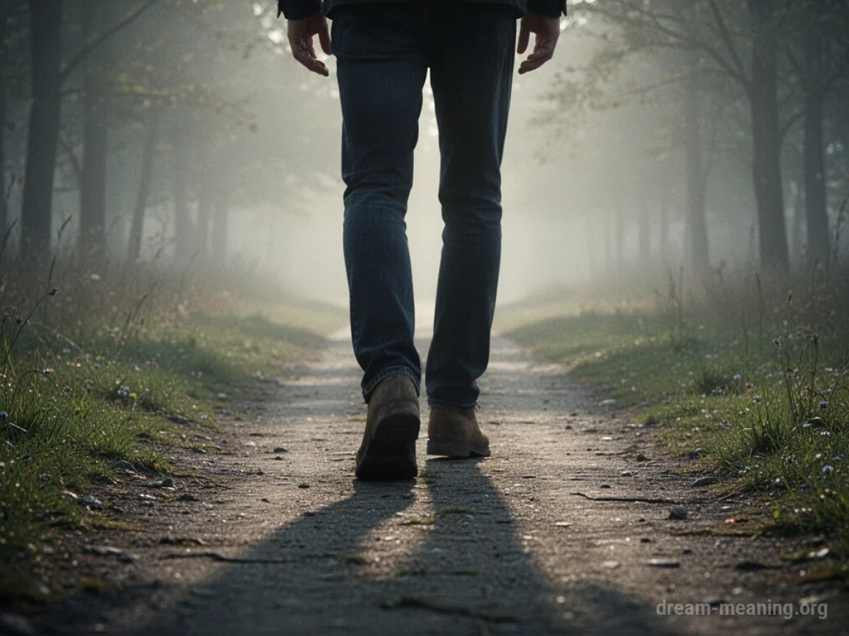 Legs walking on a path that disappears into fog.