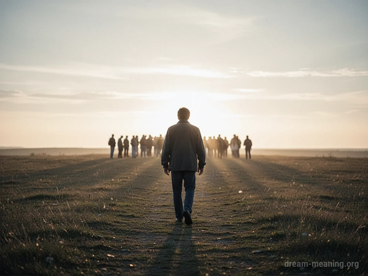 A person's back as they walk away from a crowd towards a sunlit path.