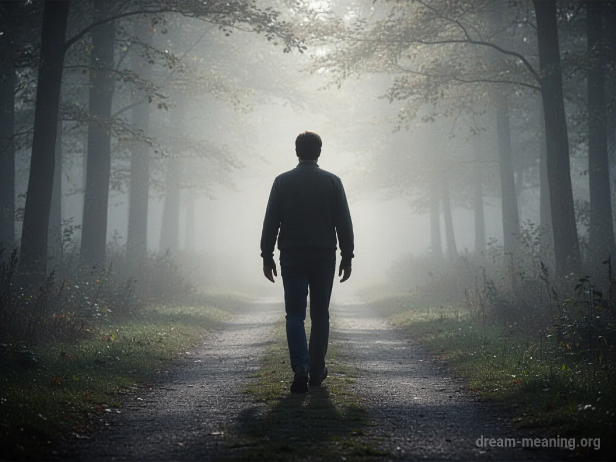 Silhouette of a person walking backward on a path disappearing into fog.