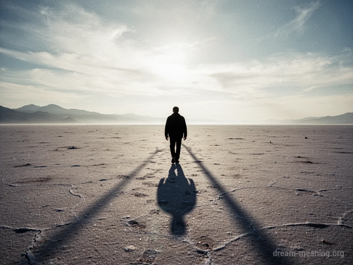 A silhouette of a person walking in an open, empty field.