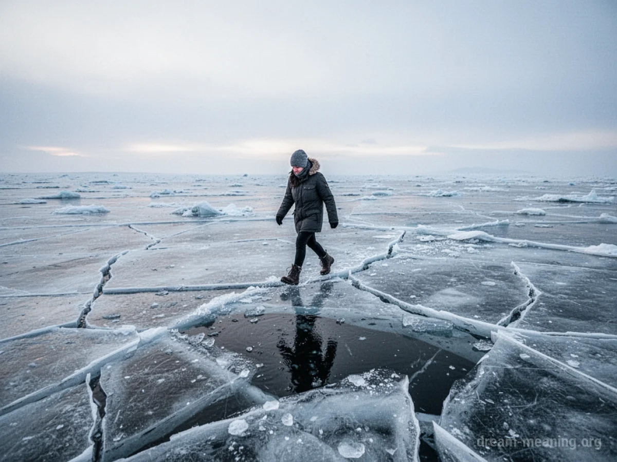 A person cautiously walking on a thin, cracked ice surface.