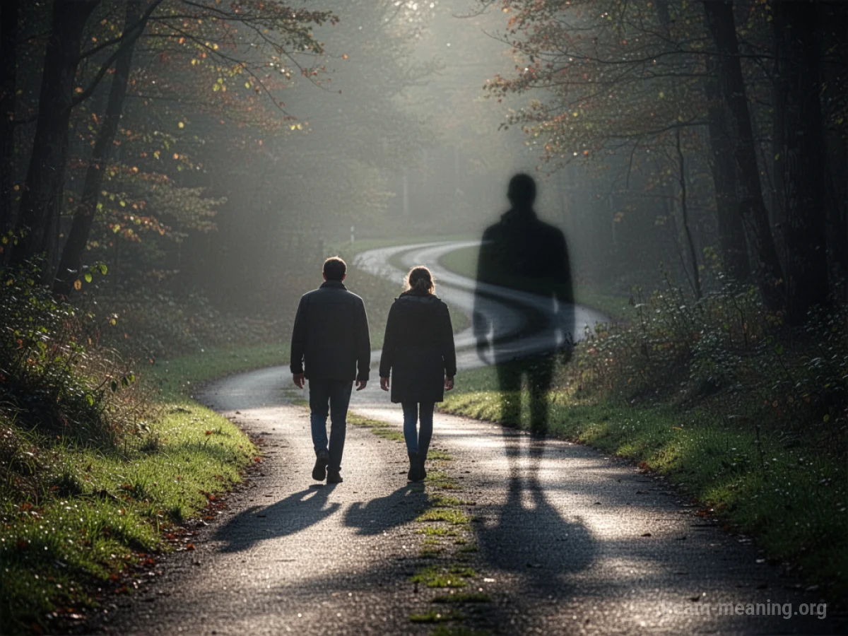 A person walks next to a blurry, faceless figure on a path.