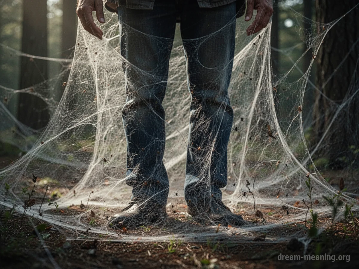 A person's legs are tangled in a large, white spider web.