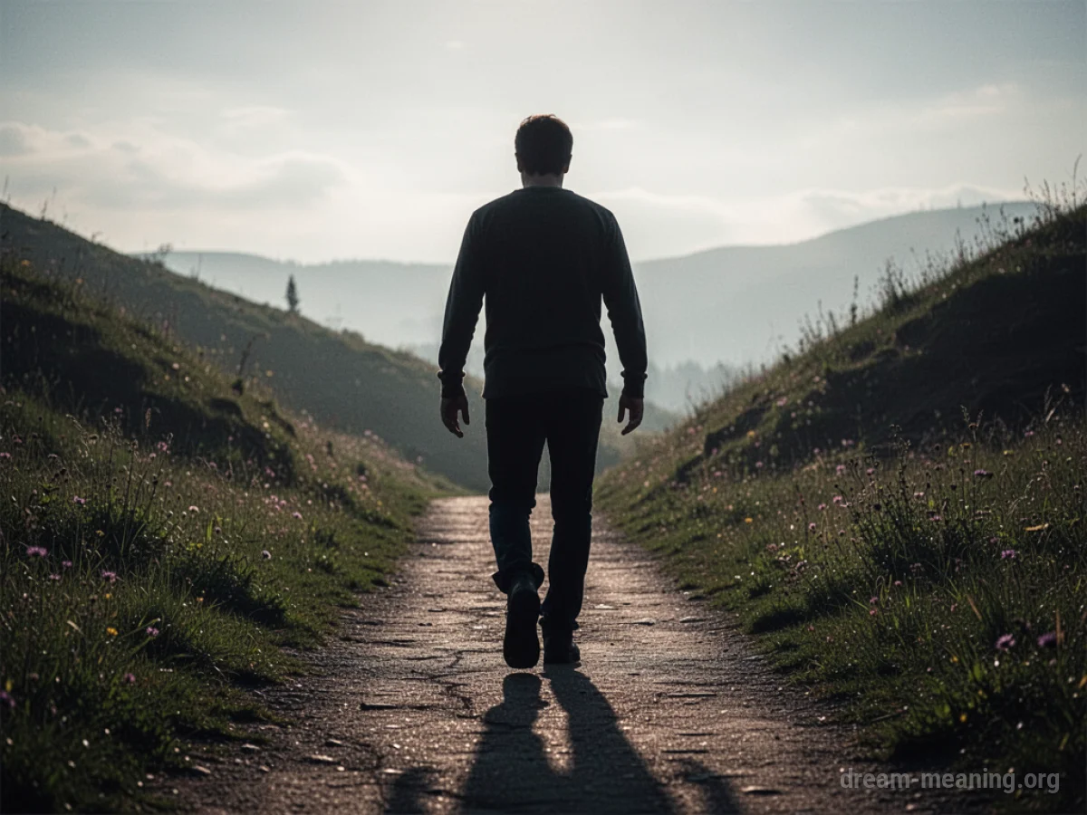Silhouette of a person walking with a limp on an upward path.