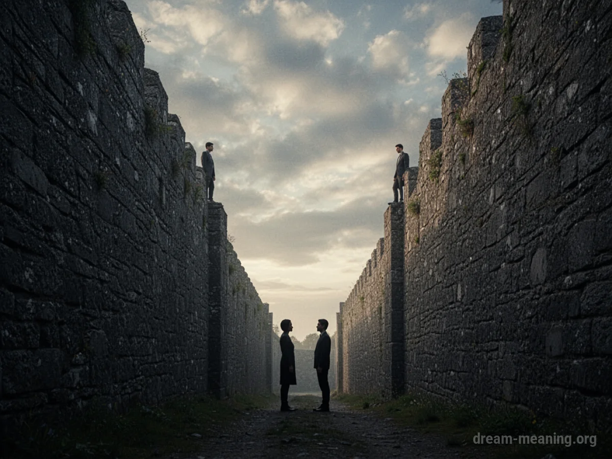 Two silhouetted figures separated by a tall stone wall.