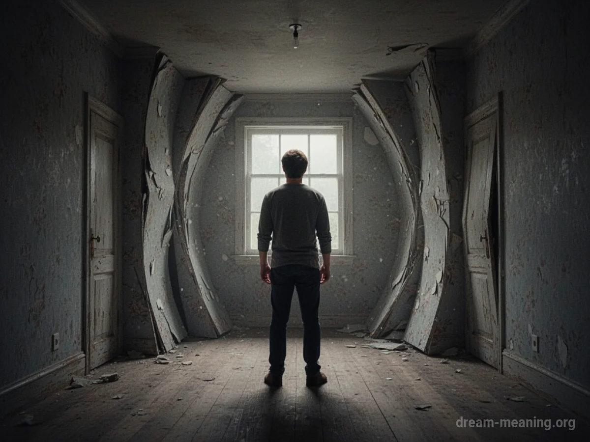 A person stands in a room with walls visibly moving closer.