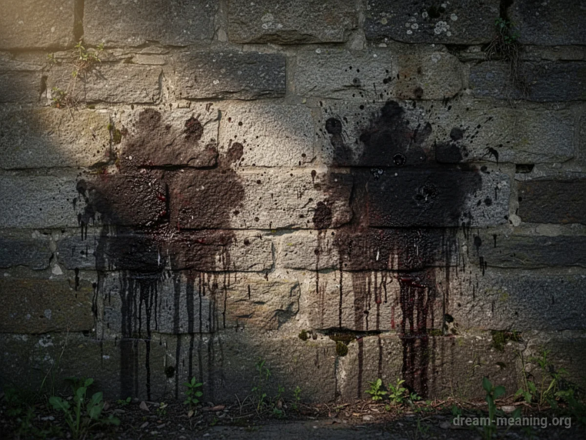 A stone wall with dark, abstract stains.