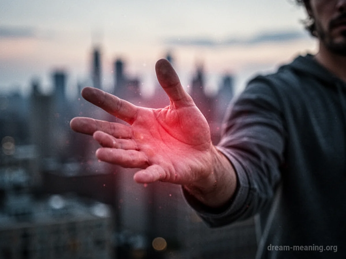 A hand held up as a warning gesture with a faint red glow.
