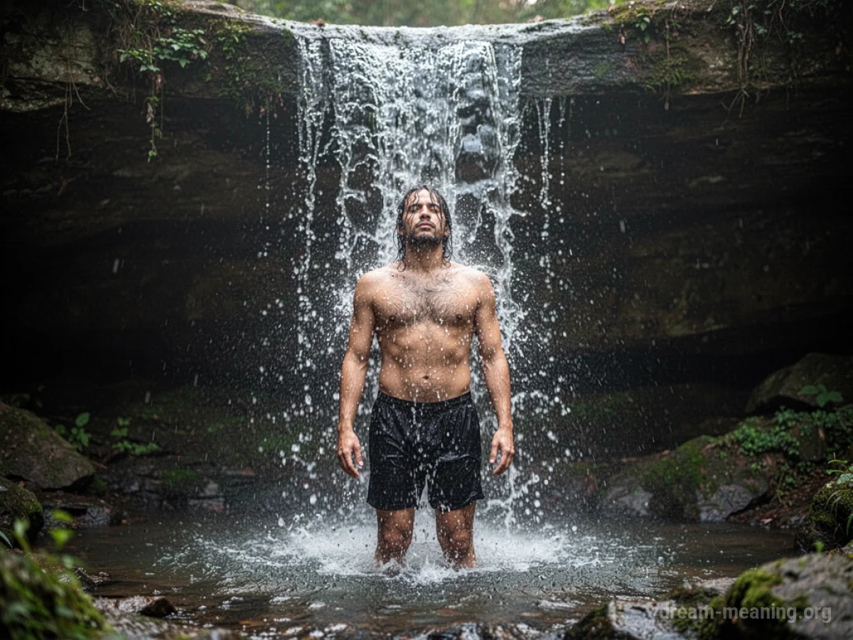 Person standing under a stream of cold water outdoors.