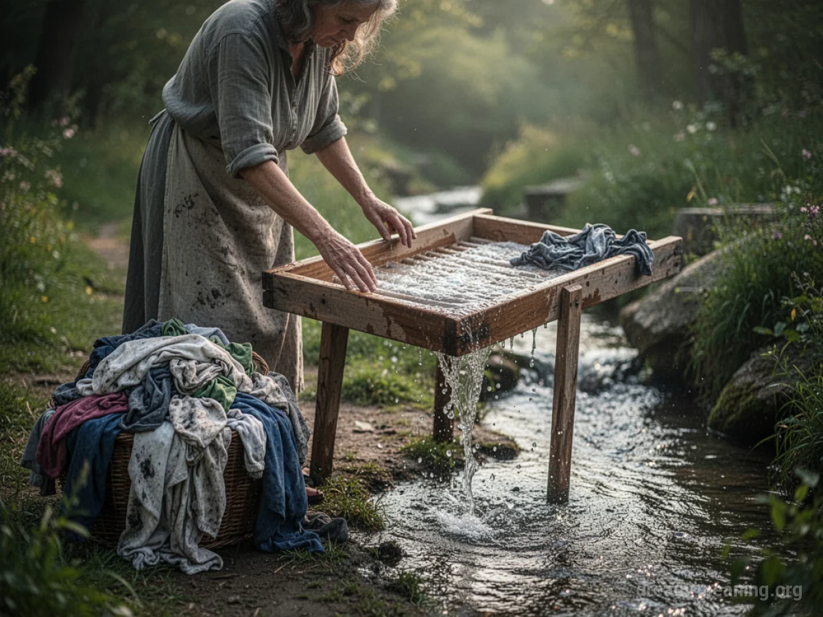 A person washing a pile of dirty clothes in a basin of water.