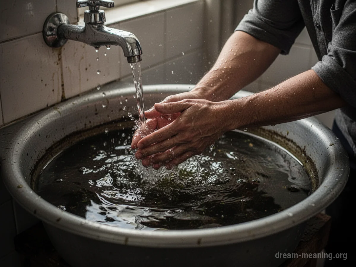 A person's hands submerged in dark, cloudy water within a basin.