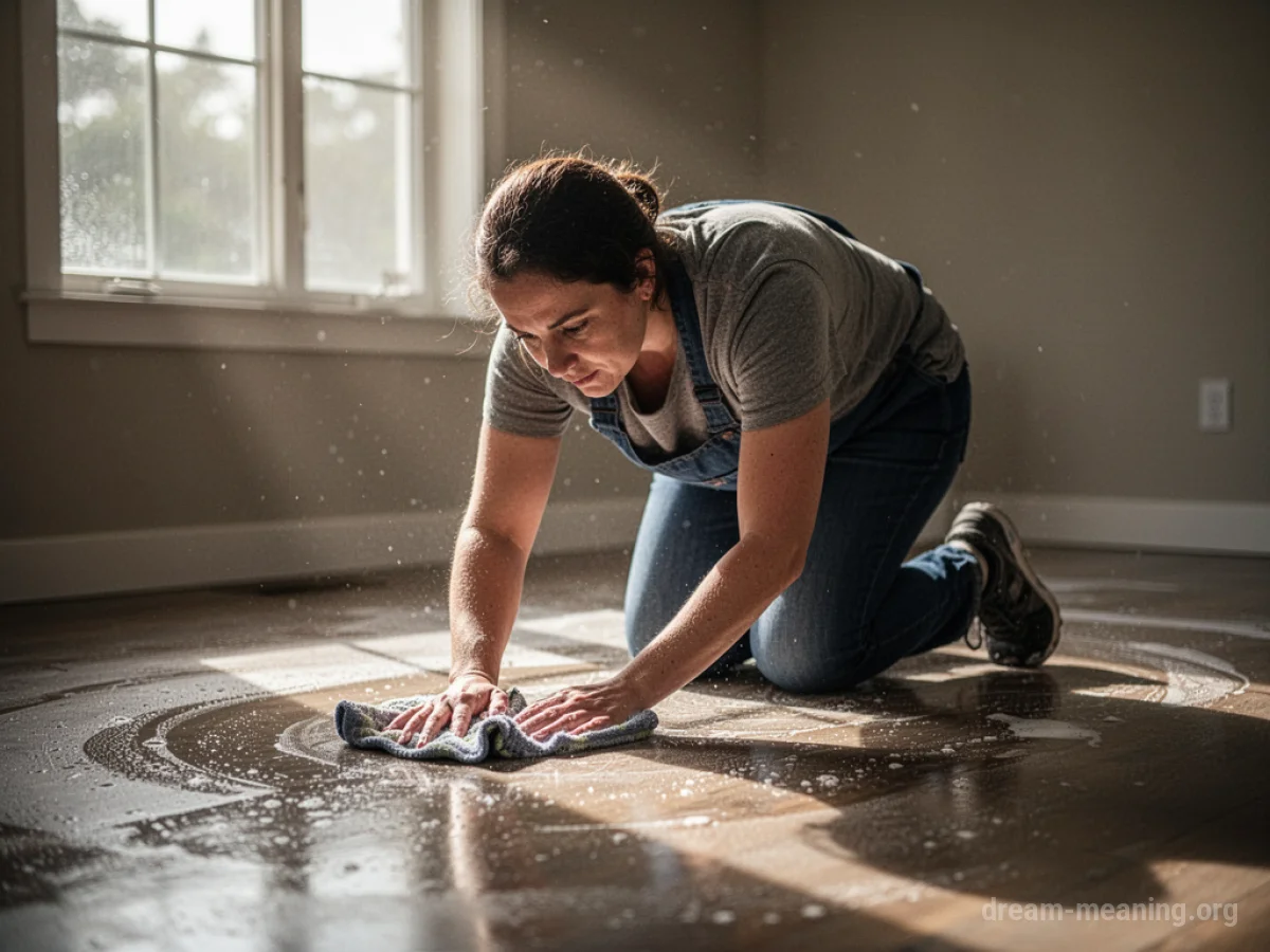 Person scrubbing a wooden floor with a cloth.