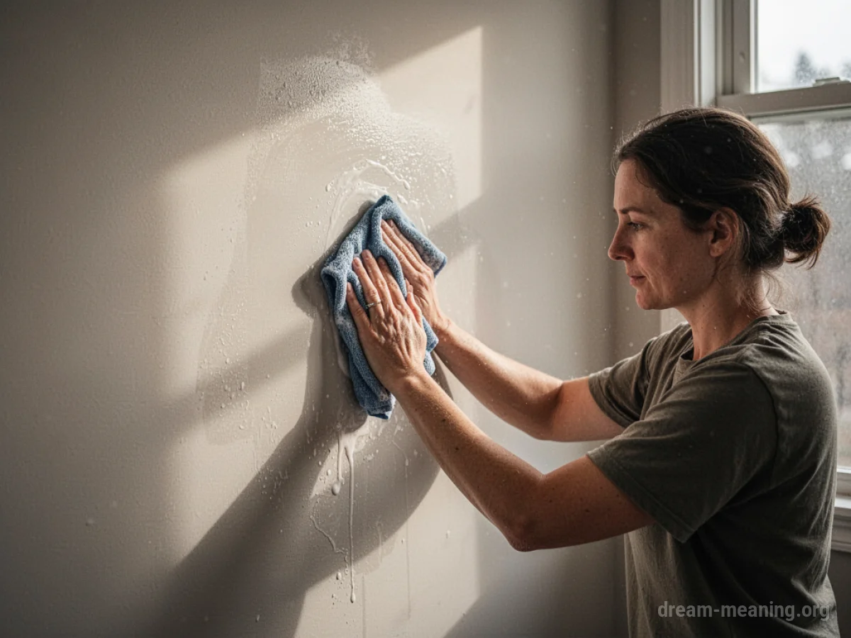 Close-up of a hand wiping a section of a white wall with a cloth.
