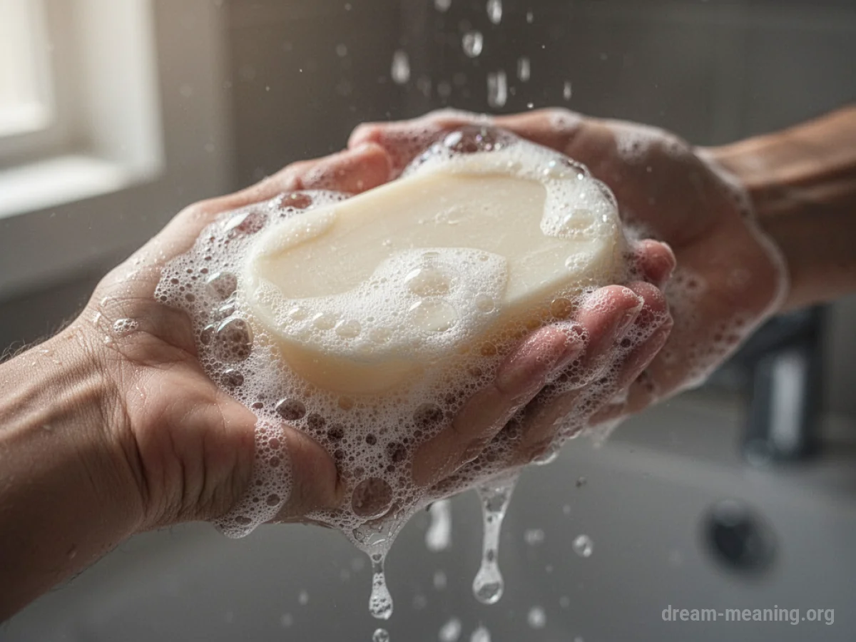 A hand holding a bar of soap with white suds.