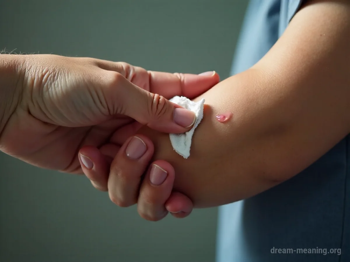 Hands cleaning a cut on an arm.