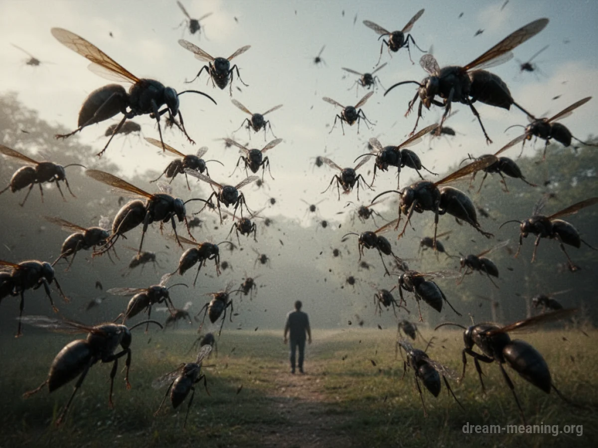 A dark swarm of abstract wasp shapes moving towards a small human figure.