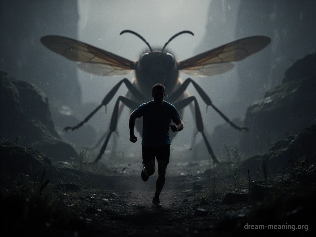 Silhouette of a person running away from a large, dark wasp shape in a blurred environment.