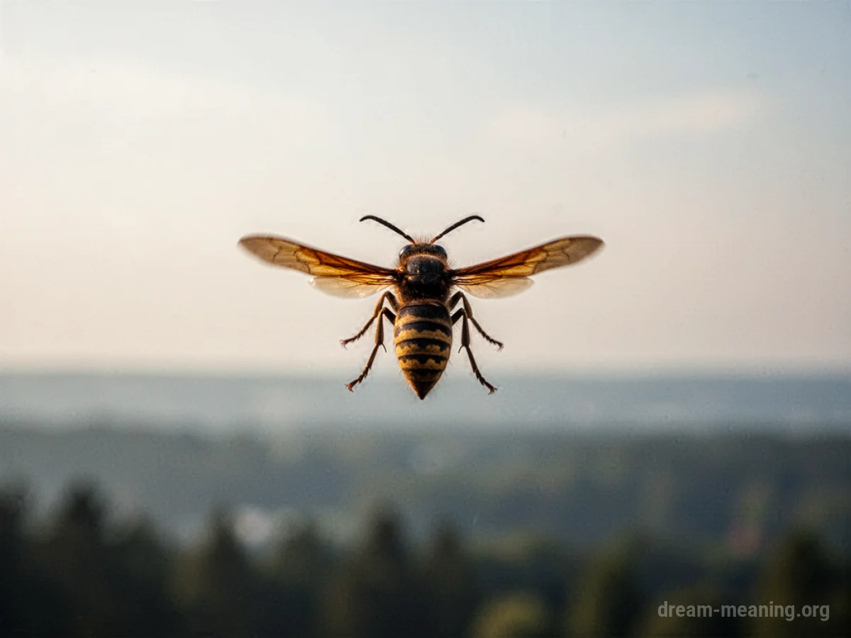 A wasp in flight moving into the distance.
