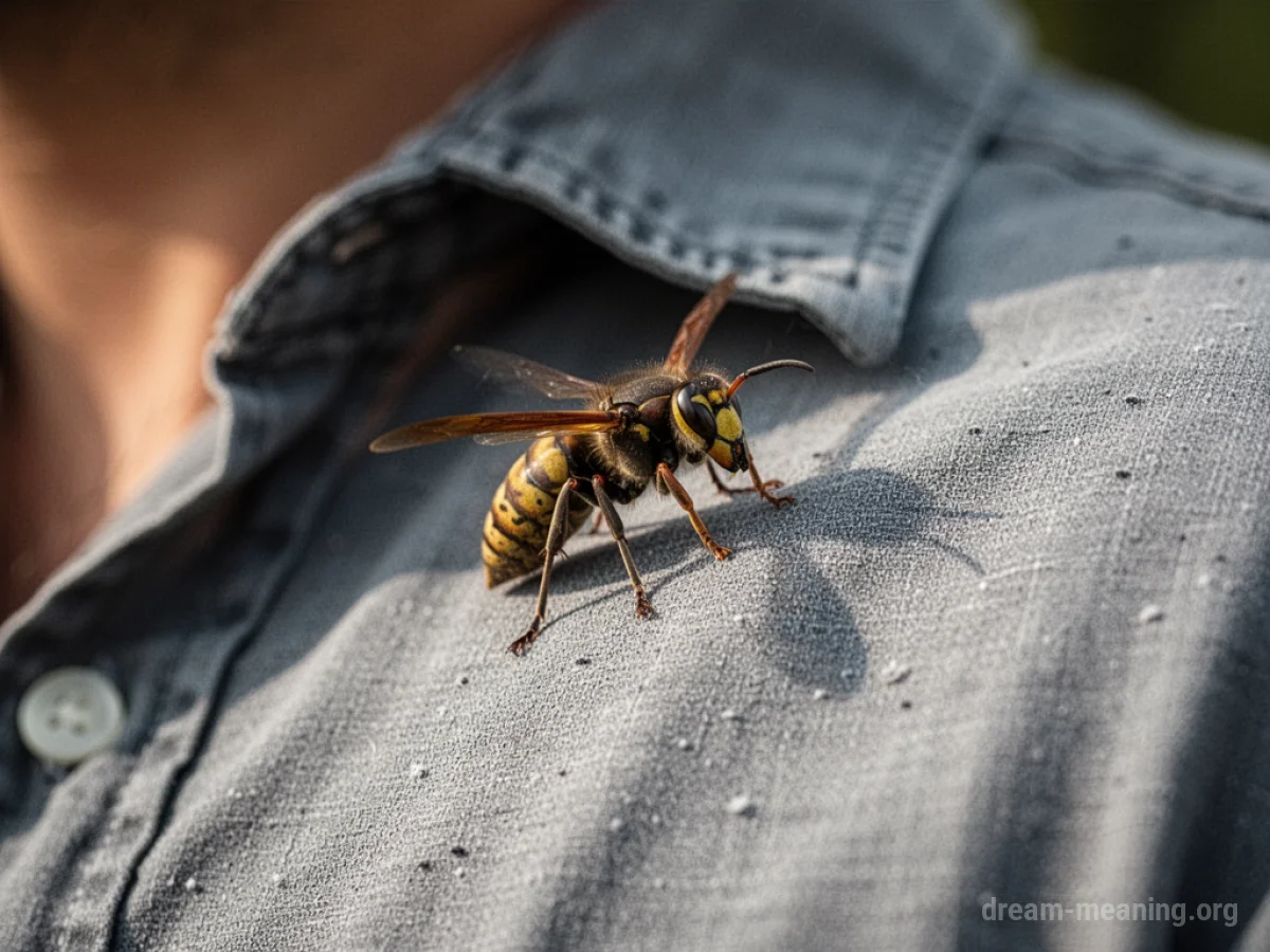 A wasp is seen crawling on the fabric of a shirt.