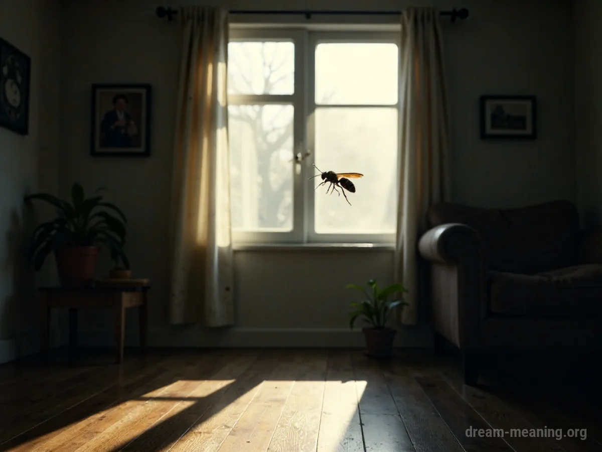 A wasp flies inside a living room near a window.