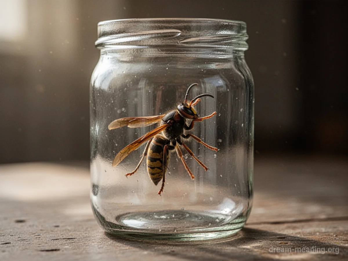 A wasp trapped inside a glass jar.
