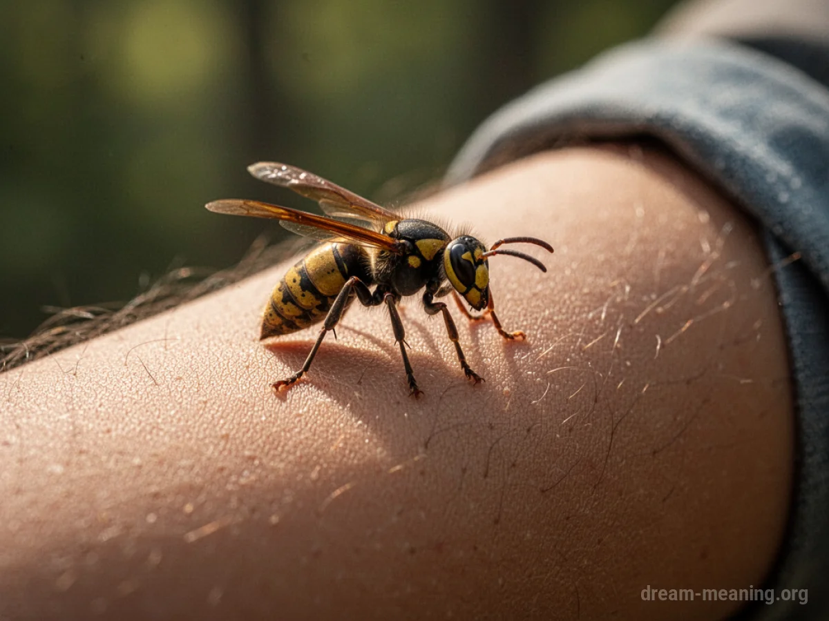 A close-up view of a wasp's legs touching a person's bare arm.