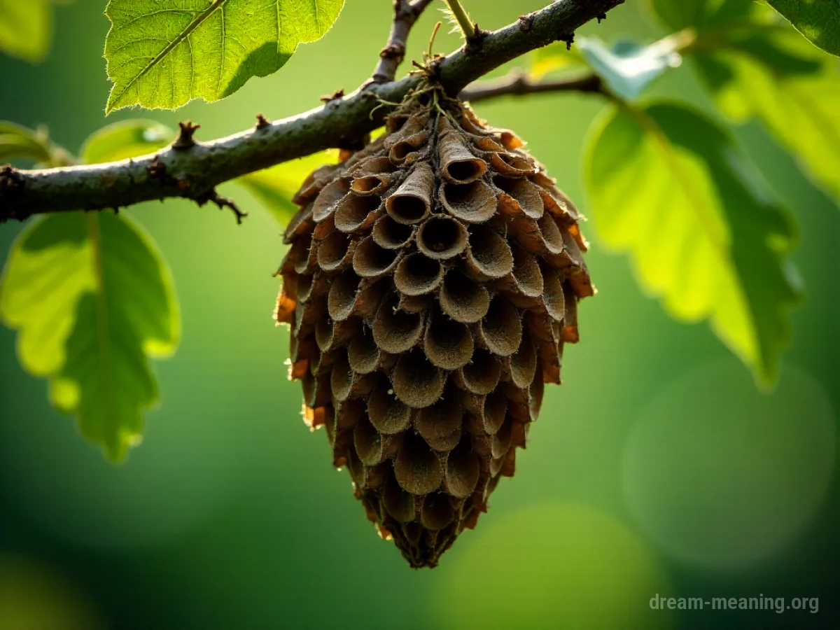 A close-up view of a large, papery wasp nest.