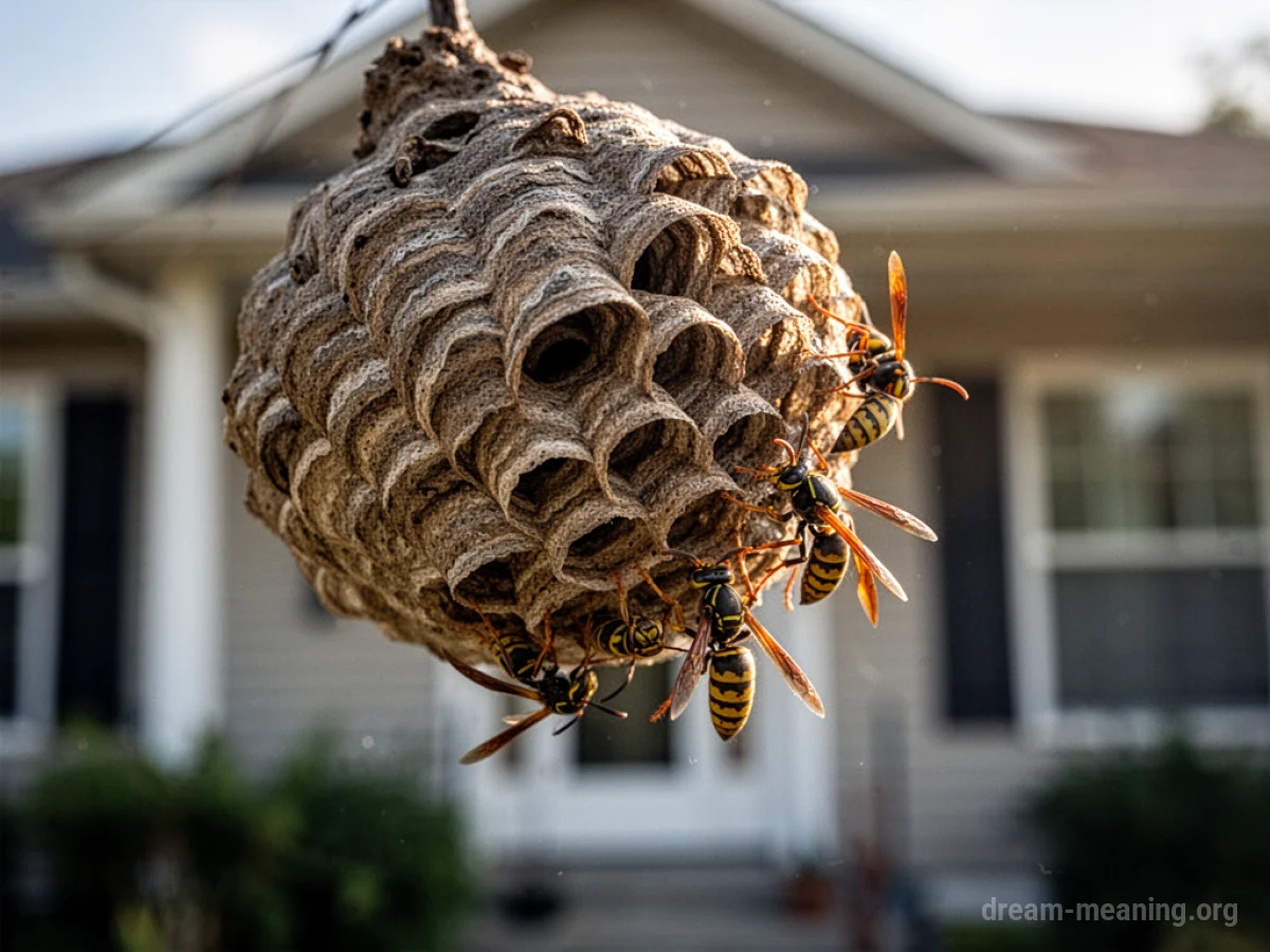 A large wasp nest tilting downwards from an eave, with wasps visible.
