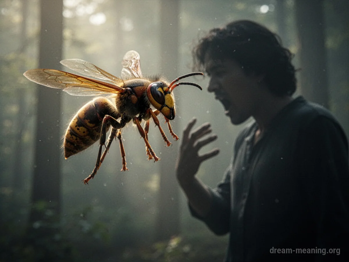 A silhouette of a wasp near two indistinct figures.