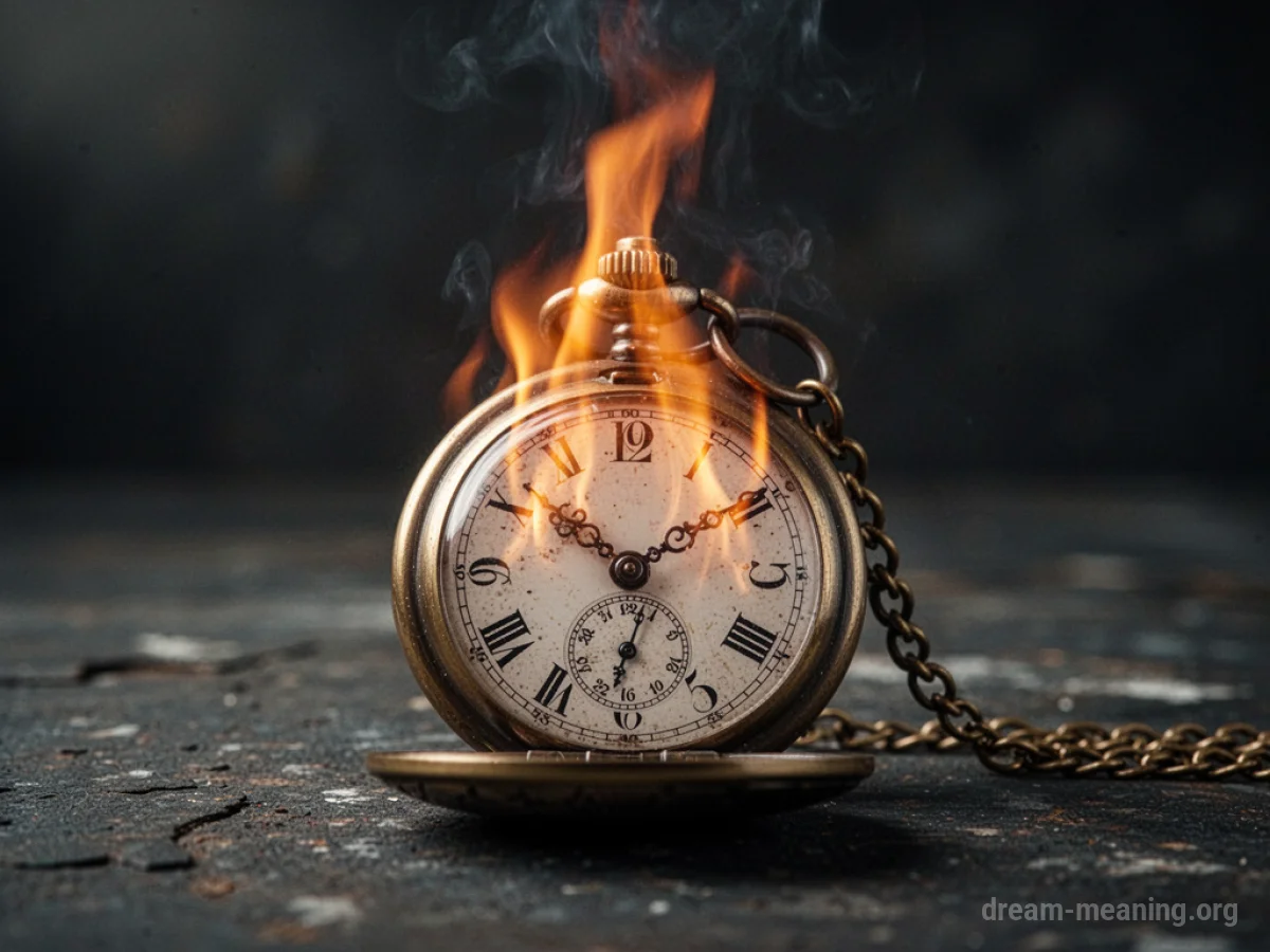 A vintage pocket watch engulfed in flames.