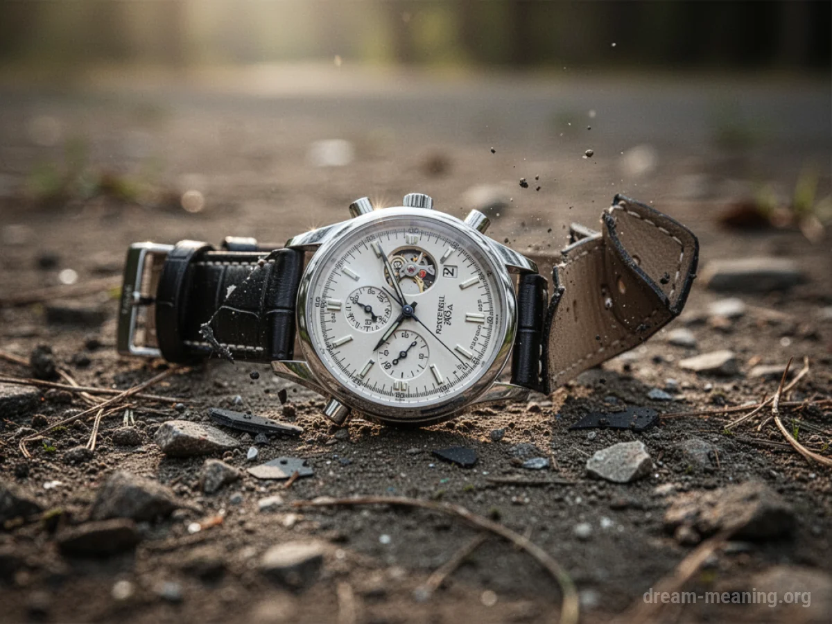 A wristwatch lying on a textured surface with its strap broken.