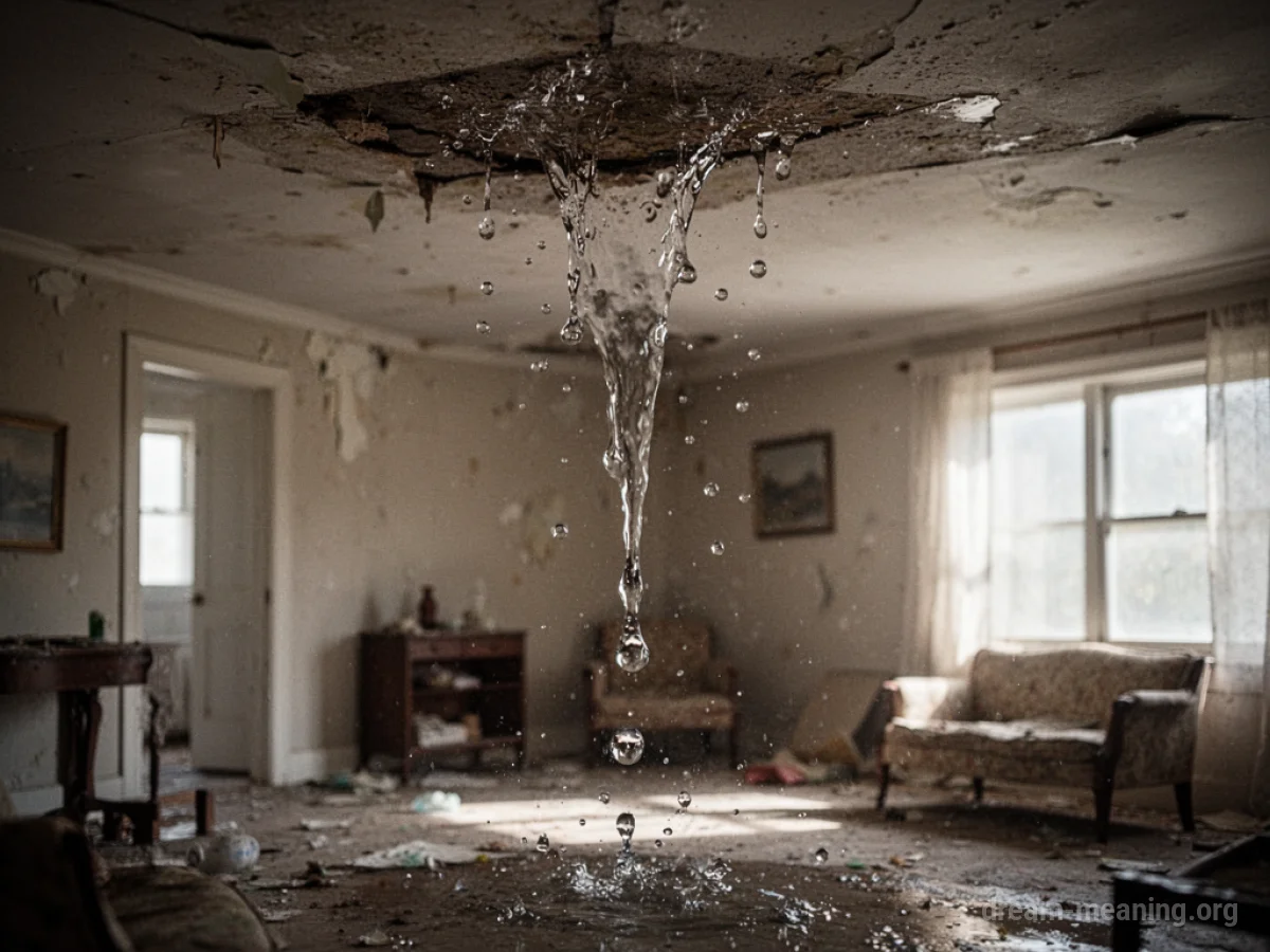 Water dripping from a white ceiling into a room.
