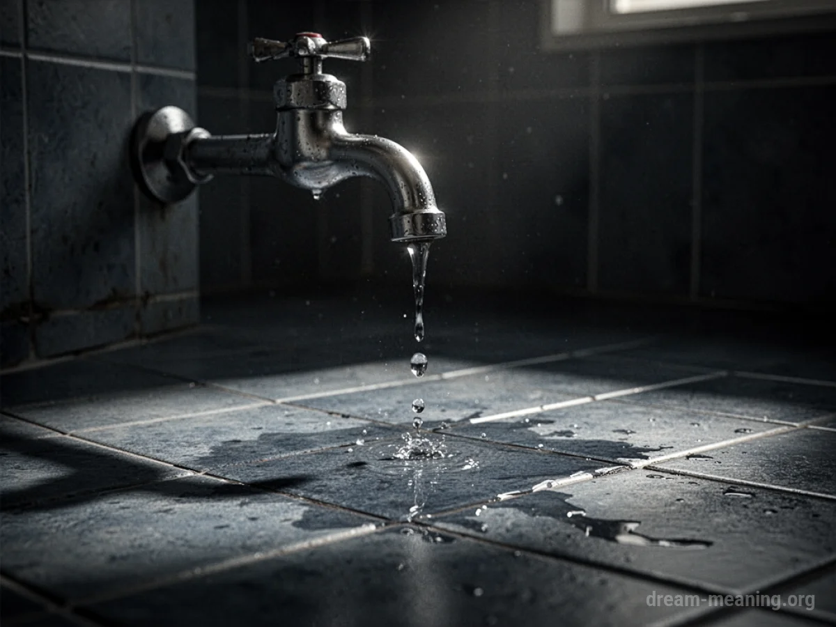 A faucet dripping water onto a dark floor in a dimly lit room.