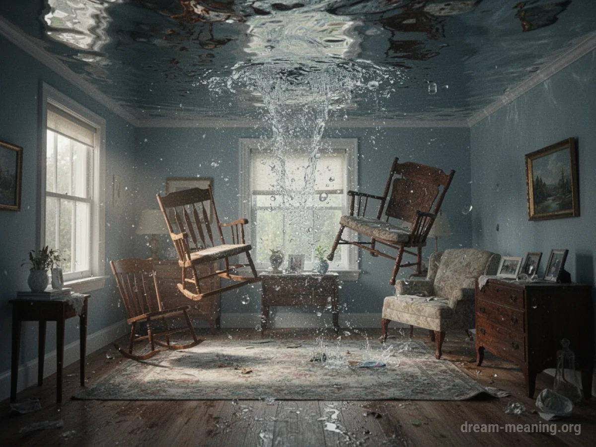 Water filling a room and rising towards the ceiling.