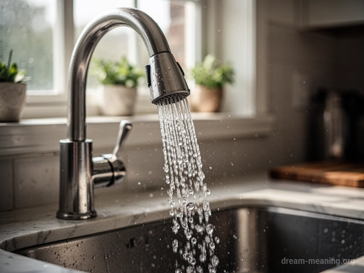 A kitchen faucet with water flowing from the spout.