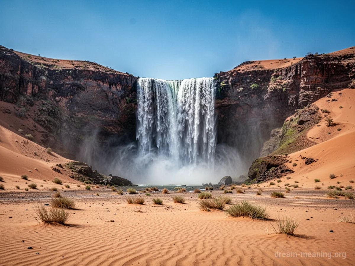 A waterfall flowing in a vast desert.