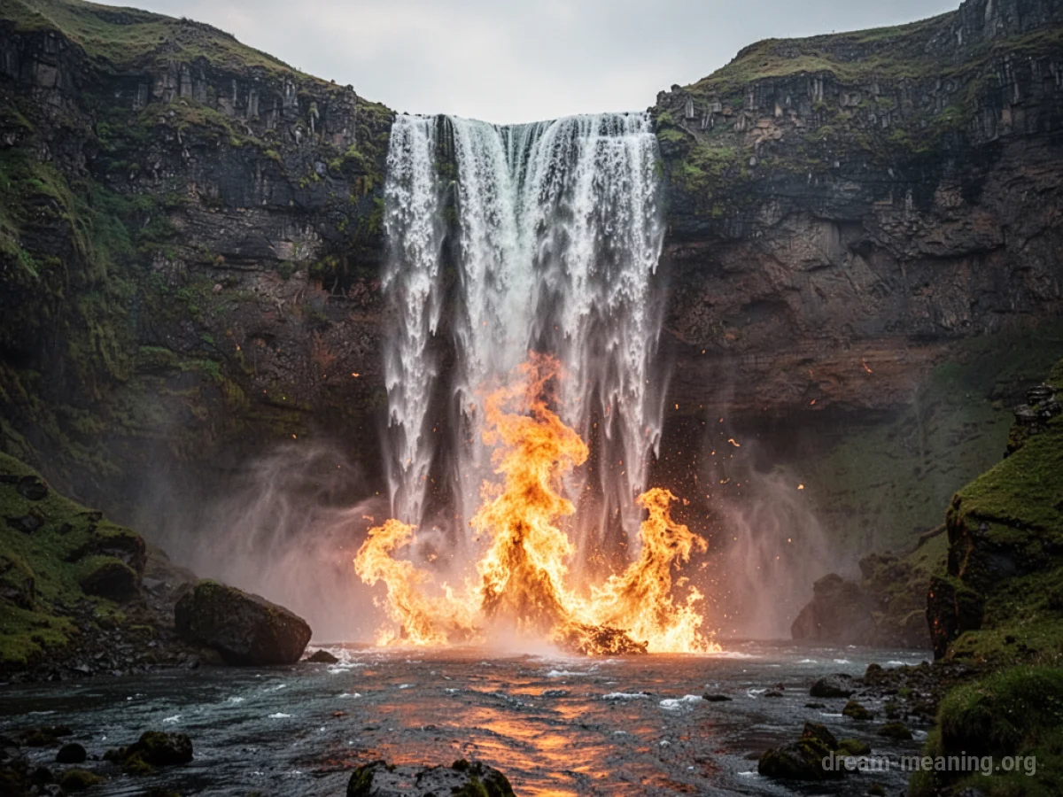 A waterfall's water transforming into flames at its base.