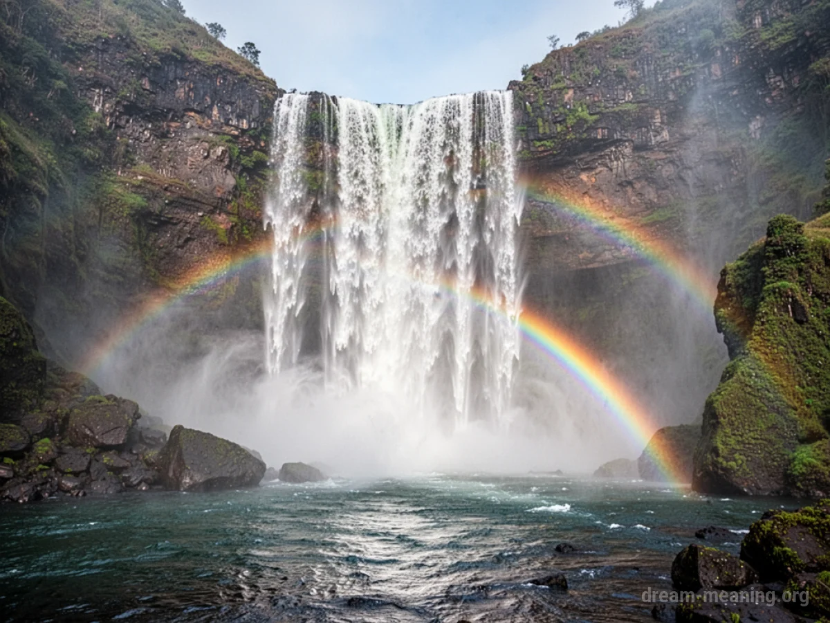 A waterfall with a bright rainbow in its spray.