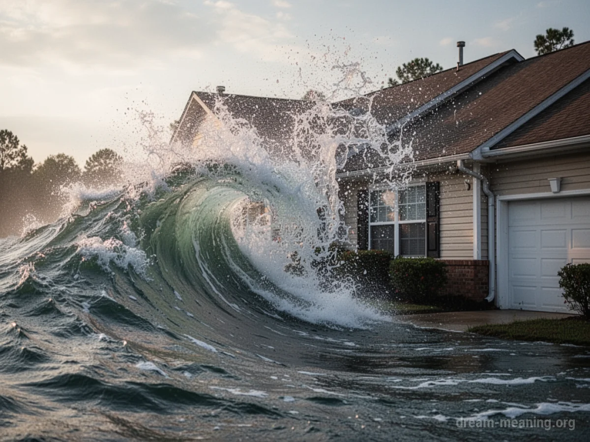 A large wave impacting the exterior wall of a house with water spraying upwards.