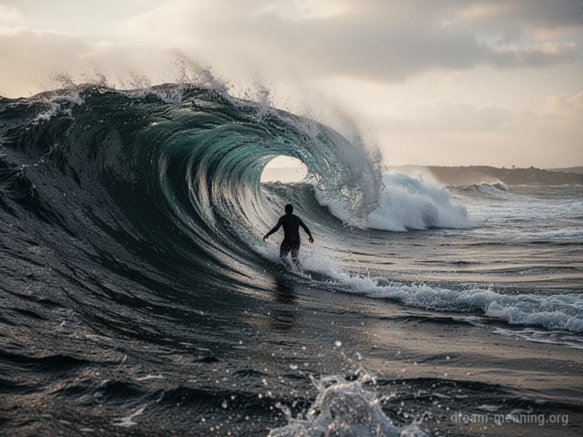 A person being pulled by a large wave away from a sandy shore.