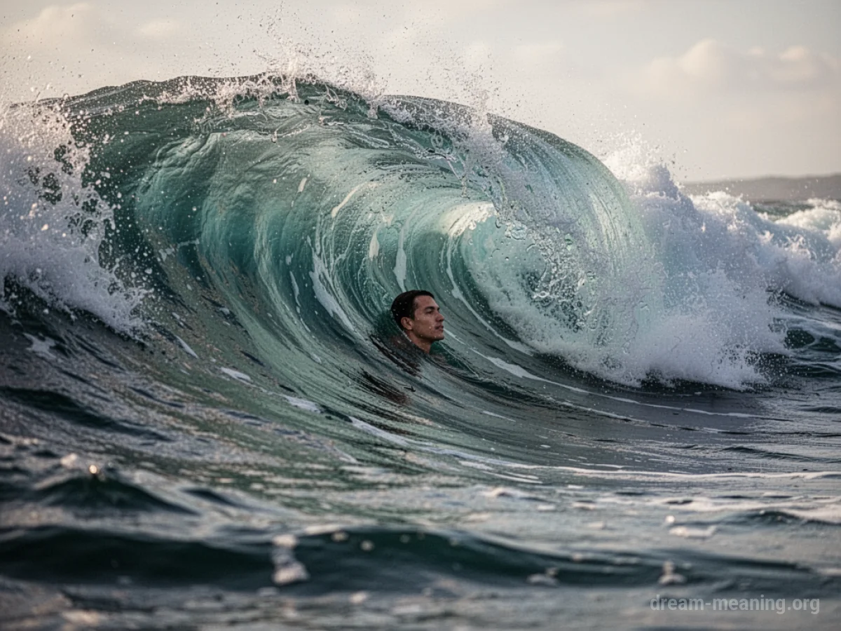 A person partially submerged in a large ocean wave.