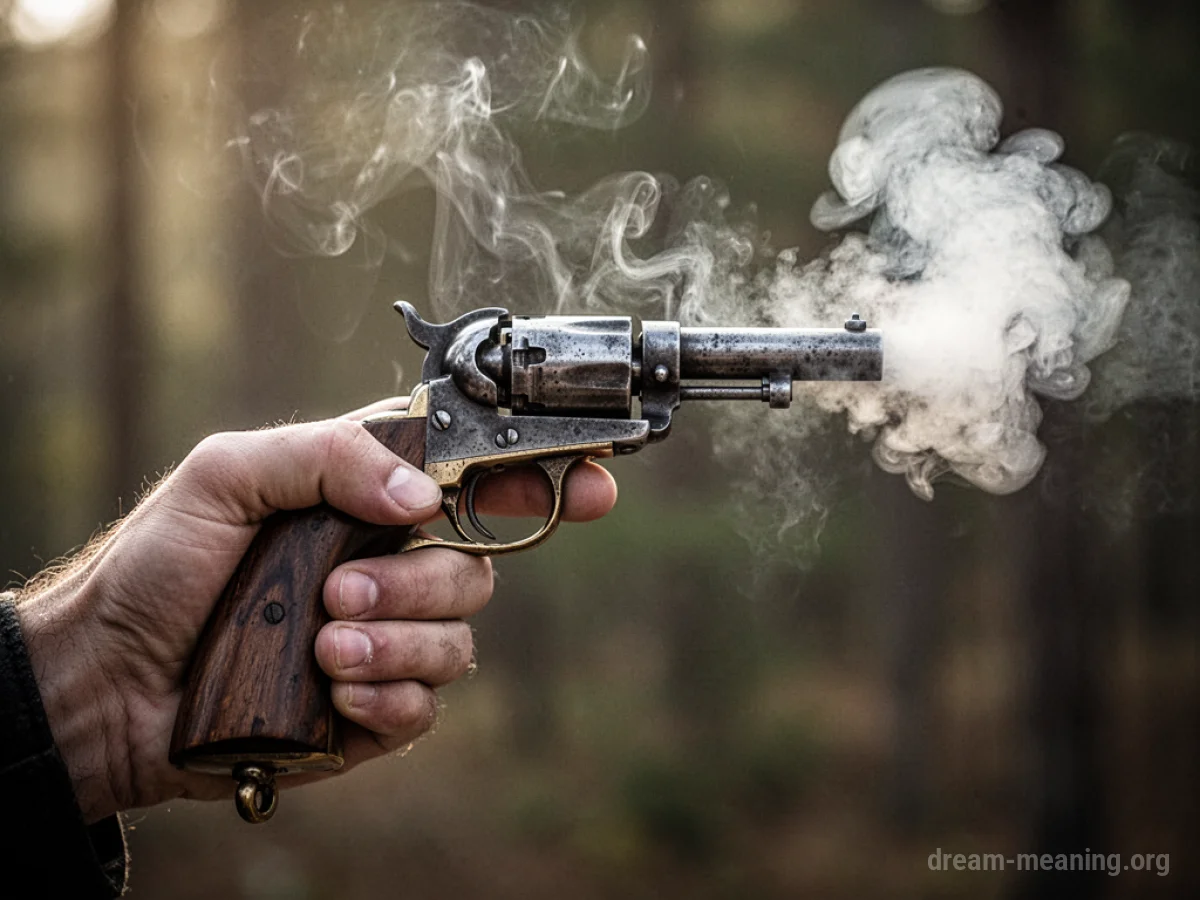 A hand holding a firearm with a small puff of smoke from the barrel.