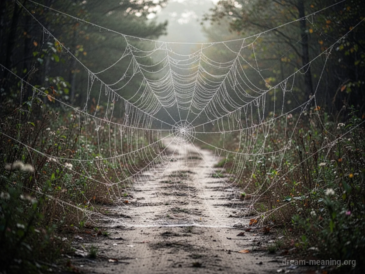 A thick spider web completely covers a narrow dirt path.
